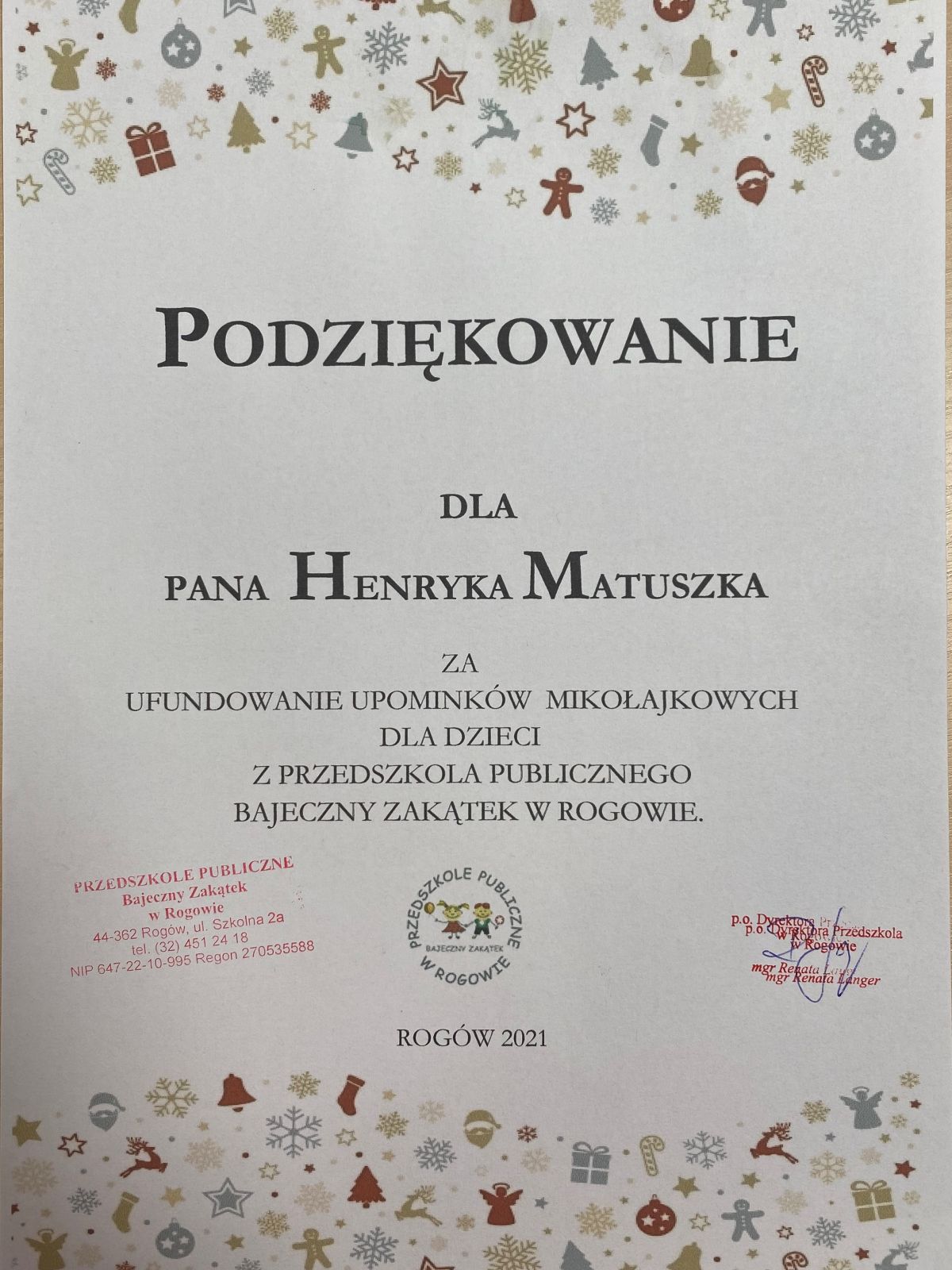 Podziękowania dla pana Henryka Matuszka