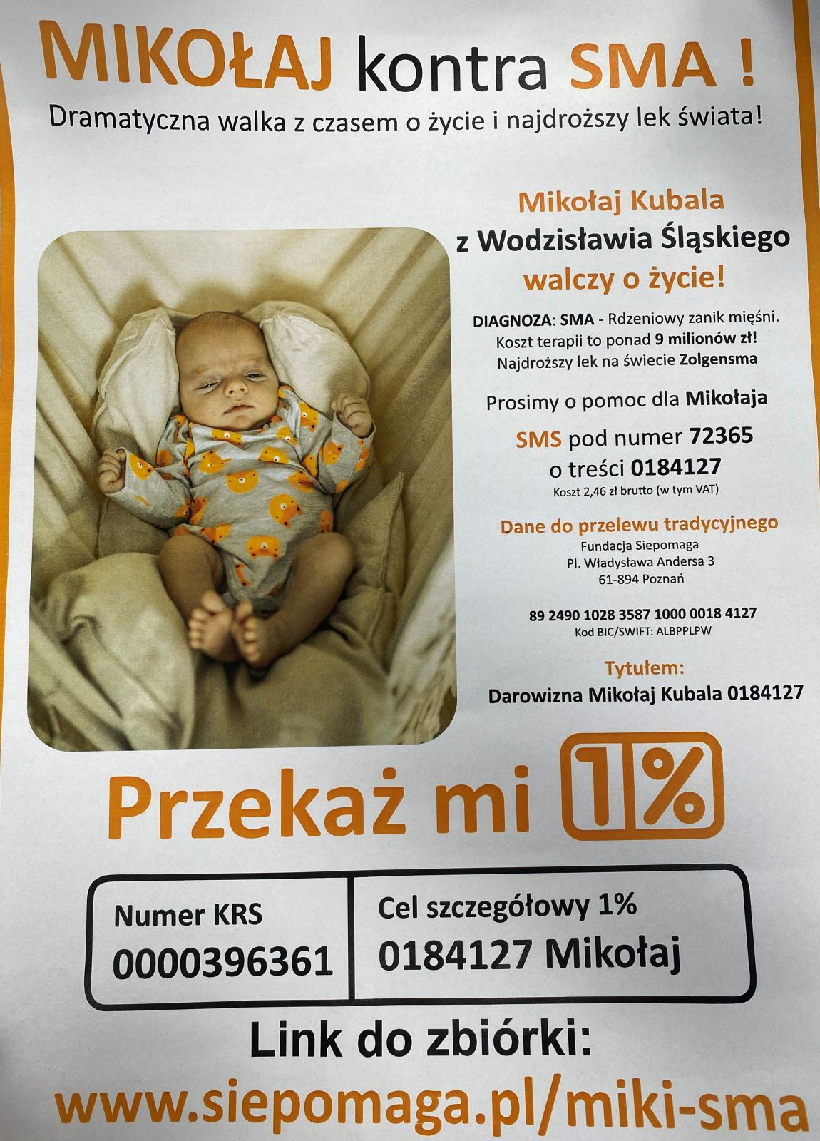 plakat informacyjny Mikołaj Kubala chory na SMA
